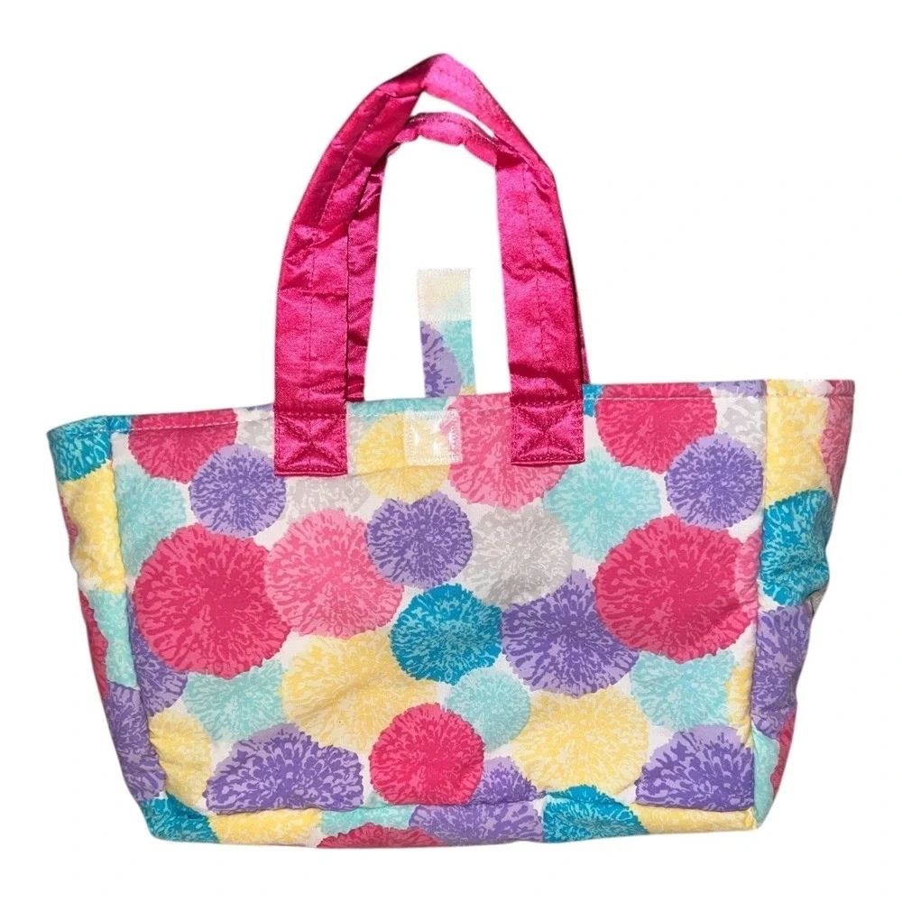 American Girl Kids Tote Bag Colorful Floral Print Pink Handles Pouch Pocket
